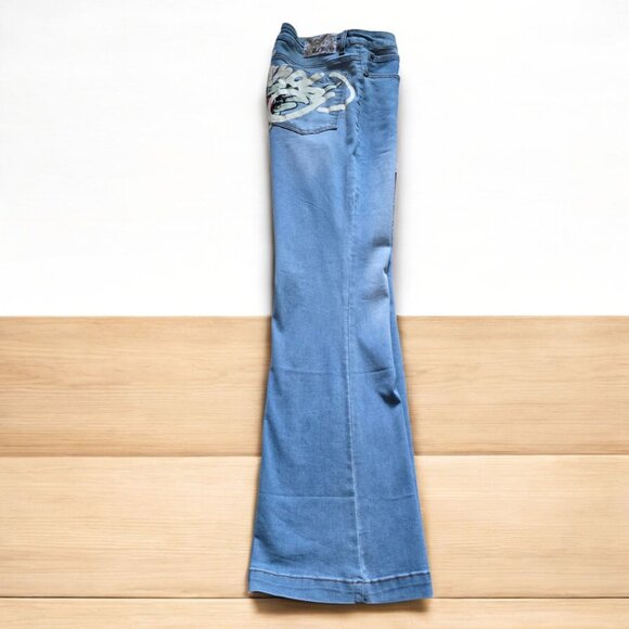 NEW ED HARDY ( 32/12 ) Love Kills Slowly Retro Light Blue Fit & Flare Leg Jeans - Picture 5 of 9